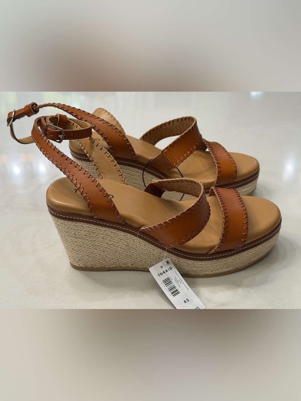 NWT Torrid Whipstitch Double Band Wedge Sandals Cognac Brown Espadrille, 8.5